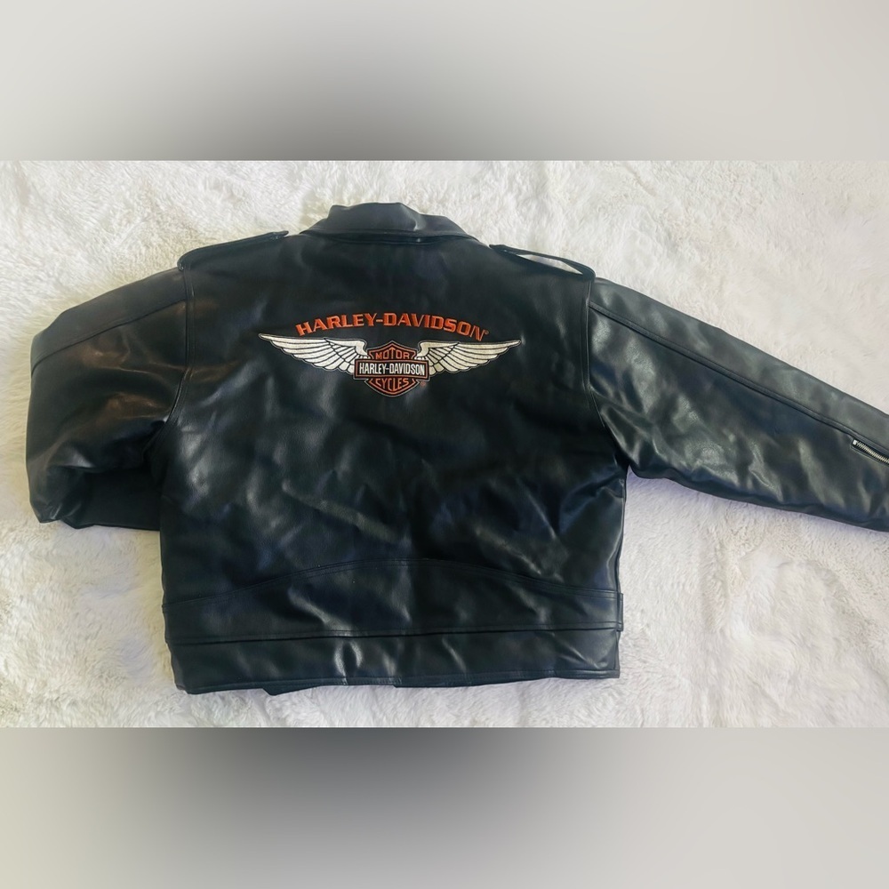Harley Davidson Classic Black Vegan LeatherJacket Angled Zipper Belted Size L
